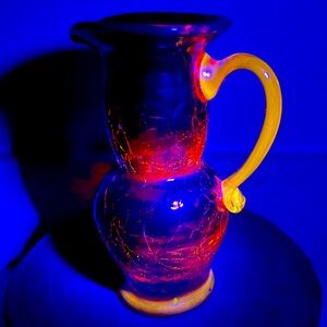 ✨SOLD✨Vintage Amberina UV Glow Hand Blown Crackle Glass Pitcher